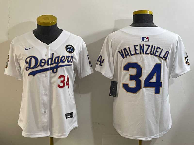 Womens Los Angeles Dodgers #34 Toro Valenzuela White Gold 2024 World Series With Fernando Memorial Patch Limited Stitched Jersey